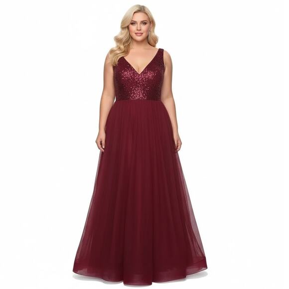 La Femme Sequin Bodice Tulle Gown 14 Red NEW - Picture 2 of 8